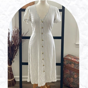 Old Navy Women's White Blue Stripe V-Neck Short Sleeve Button Front Midi Dress S